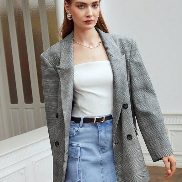 GREY PREPPY WOMENS PLAID OVERSIZED BLAZER - Picture 3 of 6